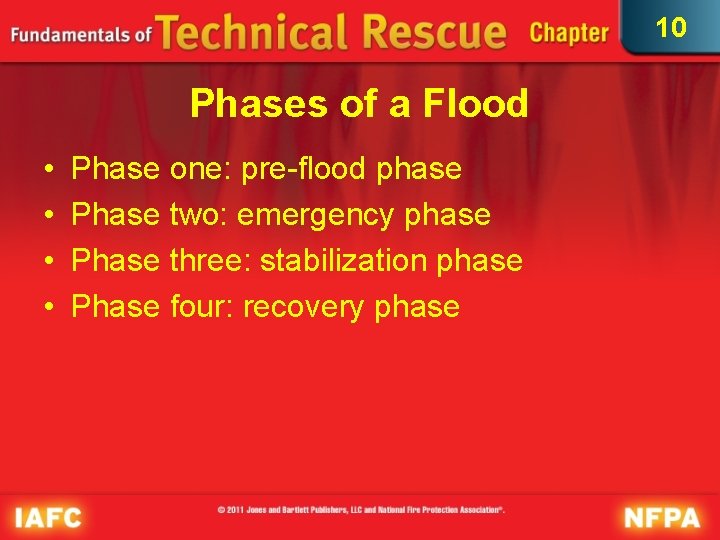 10 Phases of a Flood • • Phase one: pre-flood phase Phase two: emergency