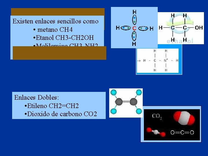 Existen enlaces sencillos como • metano CH 4 • Etanol CH 3 -CH 2