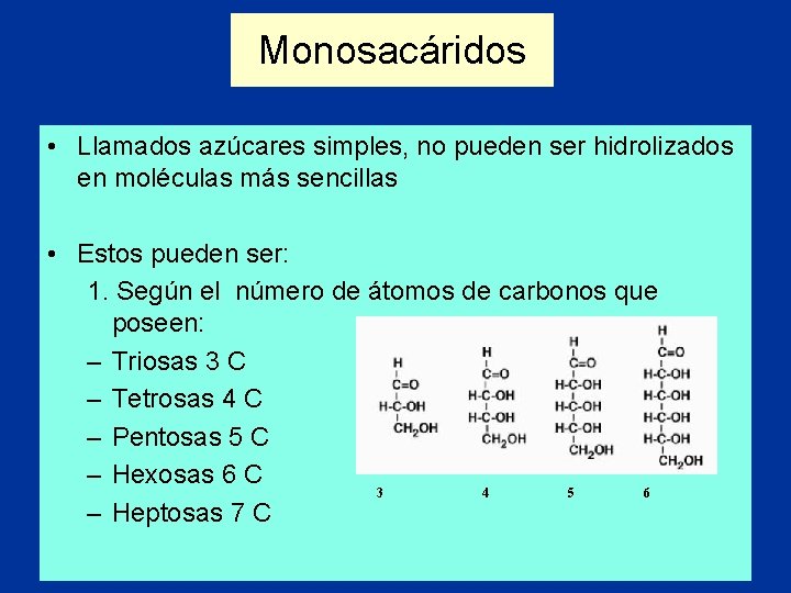 Monosacáridos • Llamados azúcares simples, no pueden ser hidrolizados en moléculas más sencillas •
