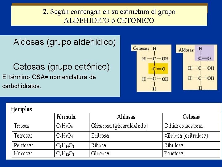 2. Según contengan en su estructura el grupo ALDEHIDICO ó CETONICO Aldosas (grupo aldehídico)