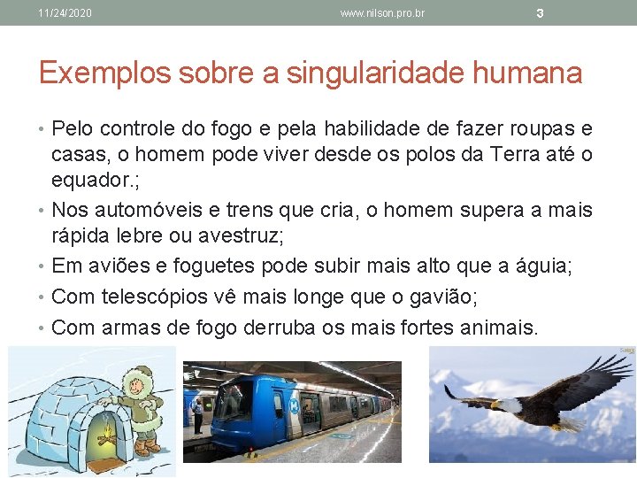 11/24/2020 www. nilson. pro. br 3 Exemplos sobre a singularidade humana • Pelo controle