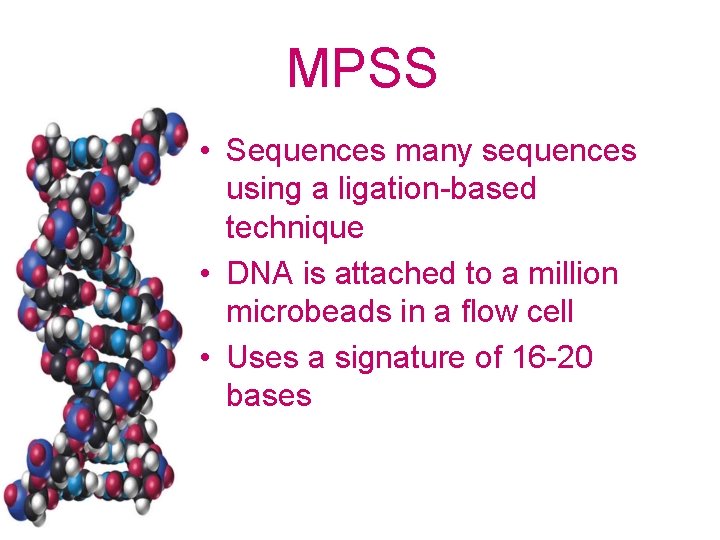 MPSS • Sequences many sequences using a ligation-based technique • DNA is attached to