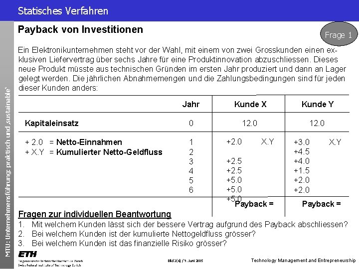 Statisches Verfahren MTU: Unternehmensführung: praktisch und ‚sustainable‘ Payback von Investitionen Frage 1 Ein Elektronikunternehmen