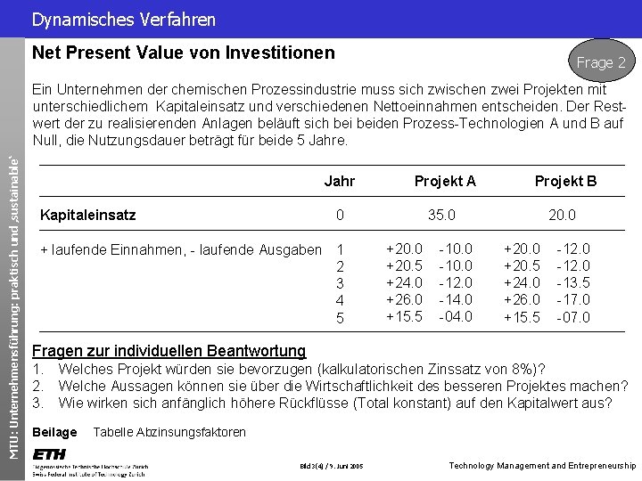 Dynamisches Verfahren Net Present Value von Investitionen Frage 2 MTU: Unternehmensführung: praktisch und ‚sustainable‘