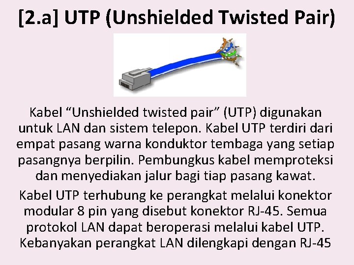 [2. a] UTP (Unshielded Twisted Pair) Kabel “Unshielded twisted pair” (UTP) digunakan untuk LAN