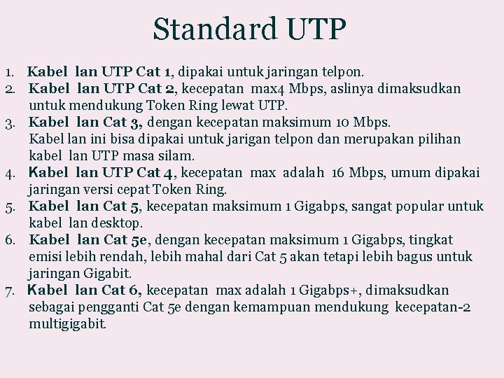 Standard UTP 1. Kabel lan UTP Cat 1, dipakai untuk jaringan telpon. 2. Kabel