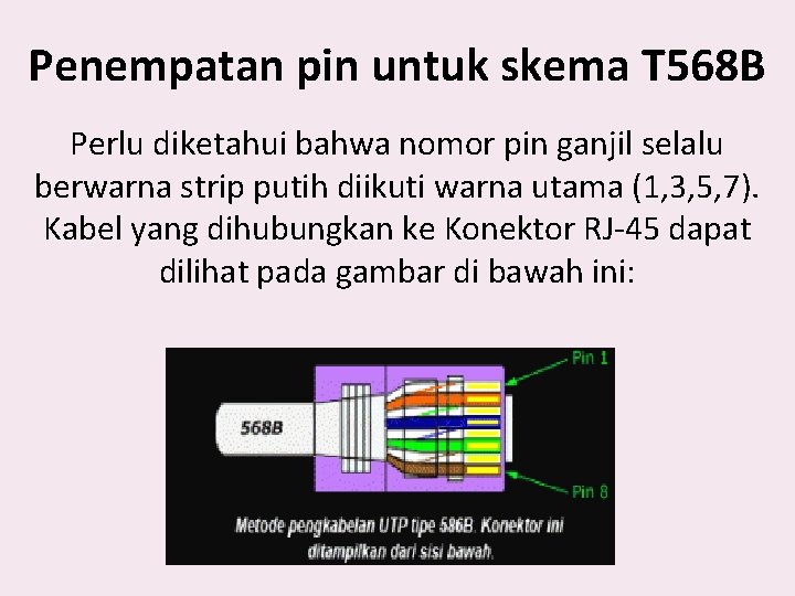 Penempatan pin untuk skema T 568 B Perlu diketahui bahwa nomor pin ganjil selalu