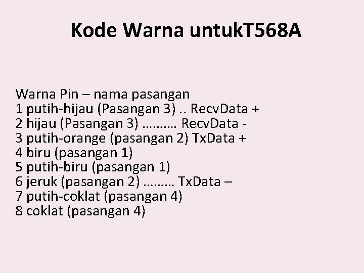 Kode Warna untuk. T 568 A Warna Pin – nama pasangan 1 putih-hijau (Pasangan