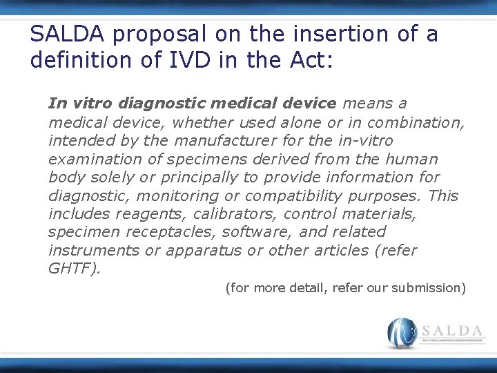 SALDA proposal on the insertion of a definition of IVD in the Act: In