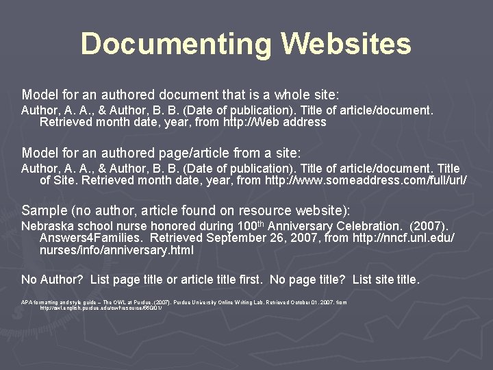 Documenting Websites Model for an authored document that is a whole site: Author, A. Documenting Websites Model for an authored document that is a whole site: Author, A.