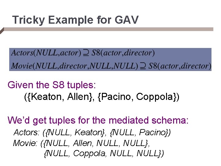 Tricky Example for GAV Given the S 8 tuples: ({Keaton, Allen}, {Pacino, Coppola}) We’d