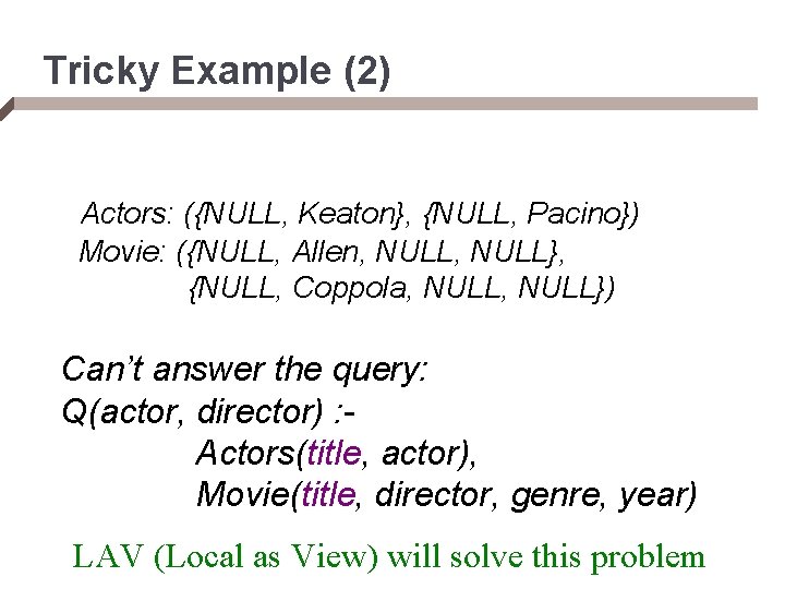 Tricky Example (2) Actors: ({NULL, Keaton}, {NULL, Pacino}) Movie: ({NULL, Allen, NULL}, {NULL, Coppola,