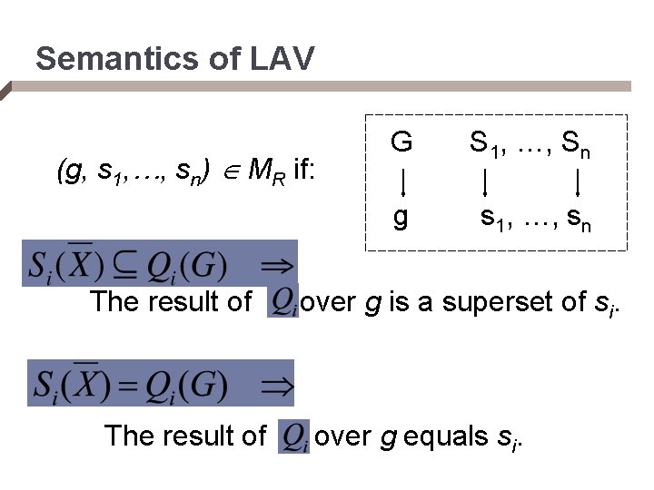 Semantics of LAV (g, s 1, …, sn) MR if: The result of G