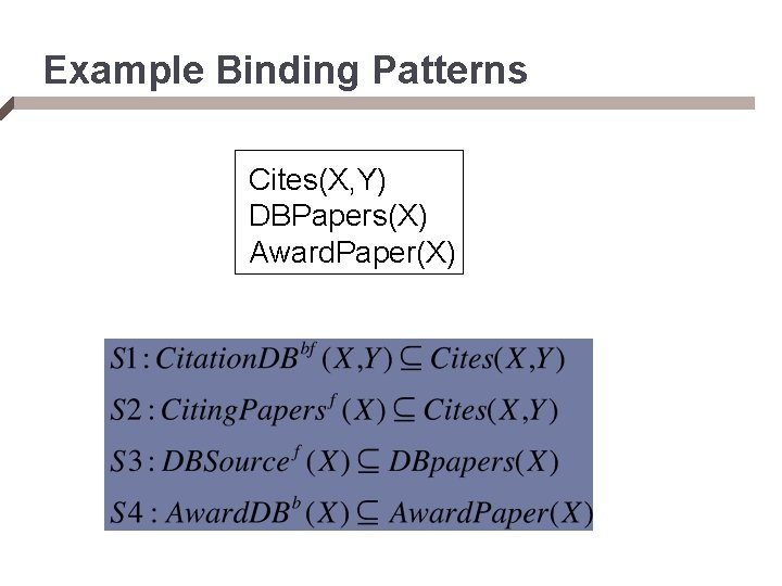 Example Binding Patterns Cites(X, Y) DBPapers(X) Award. Paper(X) 