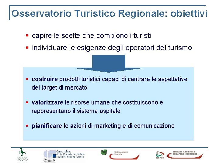 Osservatorio Turistico Regionale: obiettivi § capire le scelte che compiono i turisti § individuare