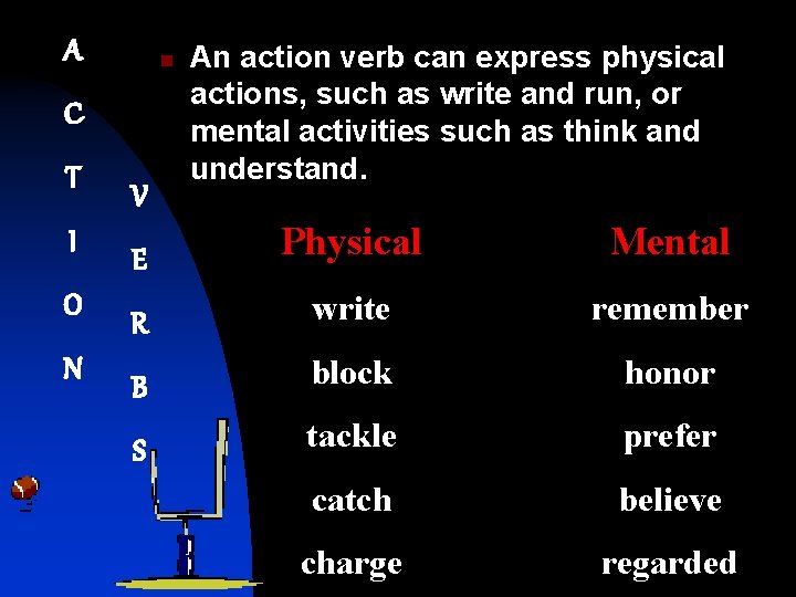A n C T I O N V An action verb can express physical