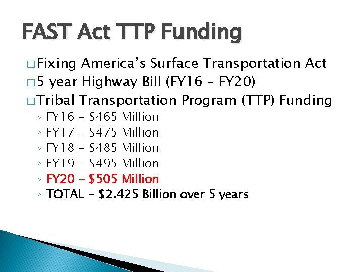 FAST Act TTP Funding � Fixing America’s Surface Transportation Act � 5 year Highway