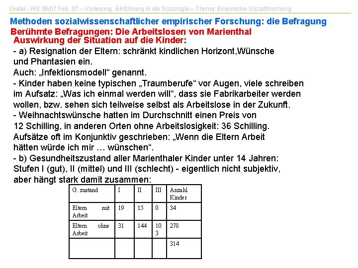 Gralki - WS 06/07 Feb. 07 – Vorlesung: Einführung in die Soziologie – Thema: