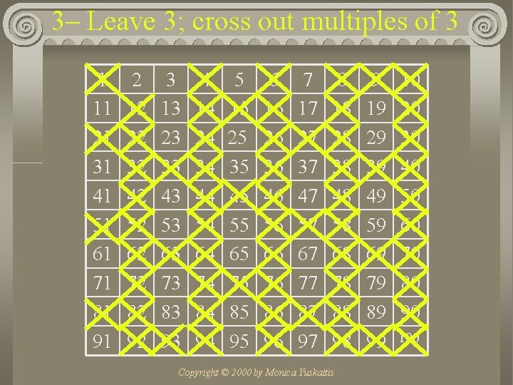 3– Leave 3; cross out multiples of 3 1 11 21 31 41 51