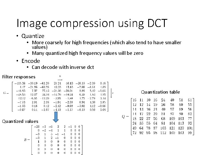 Image compression using DCT • Quantize • More coarsely for high frequencies (which also