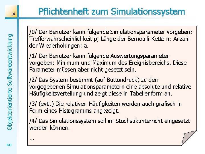 Pflichtenheft zum Simulationssystem Objektorientierte Softwareentwicklung 14 /0/ Der Benutzer kann folgende Simulationsparameter vorgeben: Trefferwahrscheinlichkeit