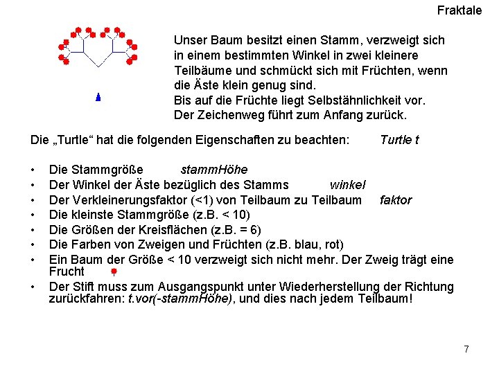 Fraktale Unser Baum besitzt einen Stamm, verzweigt sich in einem bestimmten Winkel in zwei