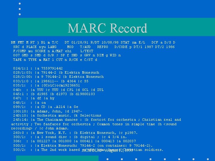 MARC Record BM FMT M RT j BL m T/C DT 01/28/91 R/DT 10/08/98