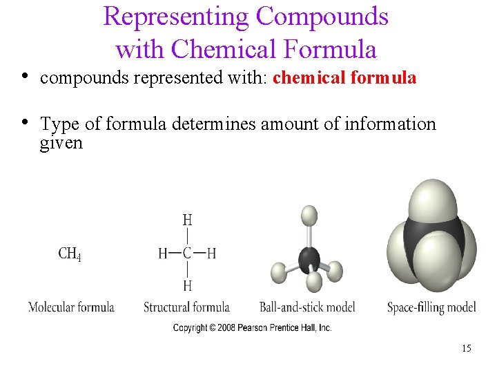 Representing Compounds with Chemical Formula • compounds represented with: chemical formula • Type of