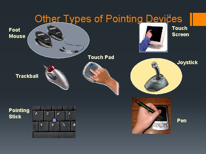 Other Types of Pointing Devices 13 Touch Screen Foot Mouse Touch Pad Joystick Trackball