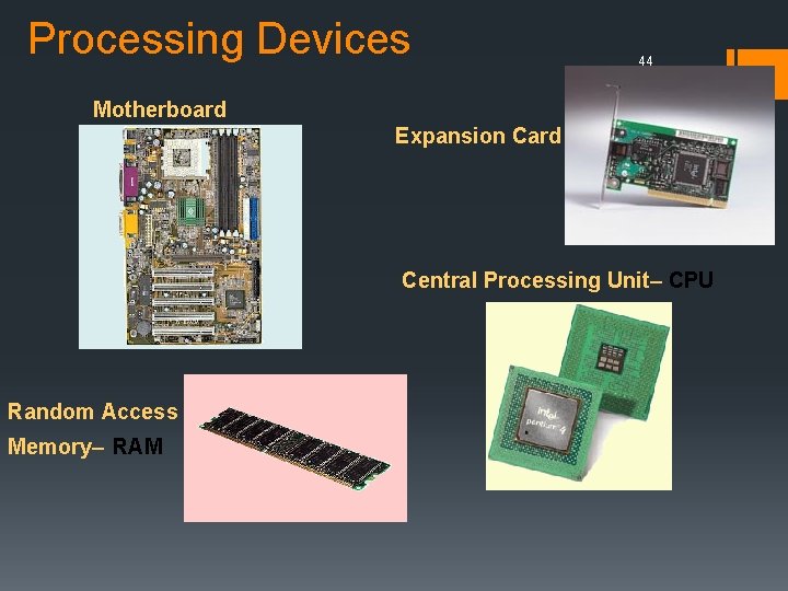 Processing Devices 44 Motherboard Expansion Card Central Processing Unit– CPU Random Access Memory– RAM