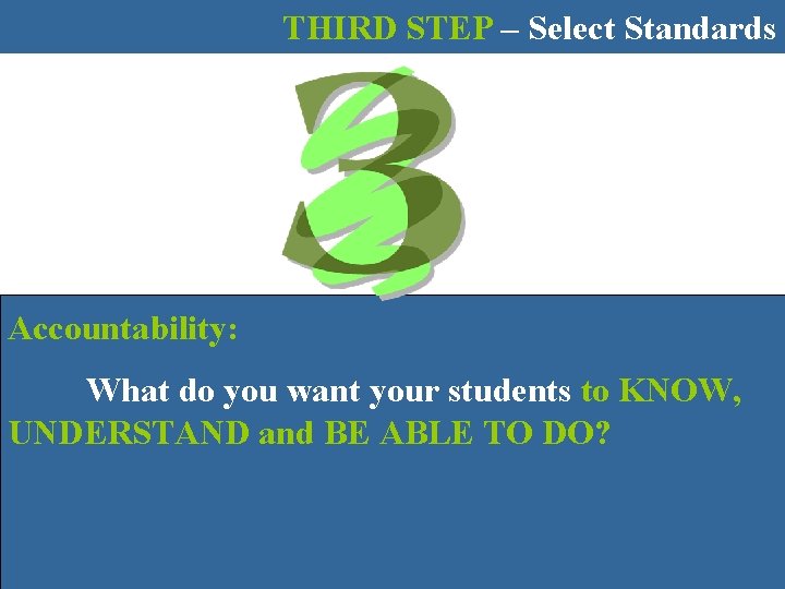 THIRD STEP – Select Standards Accountability: What do you want your students to KNOW,