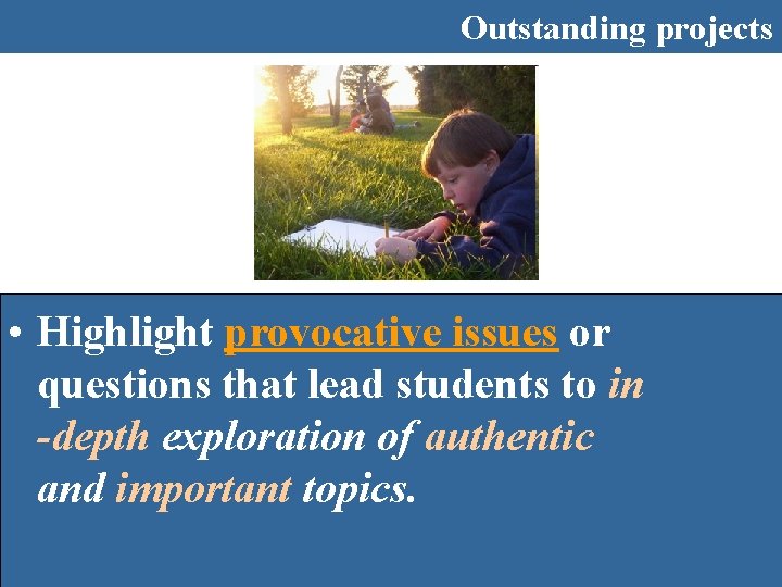Outstanding projects • Highlight provocative issues or questions that lead students to in -depth