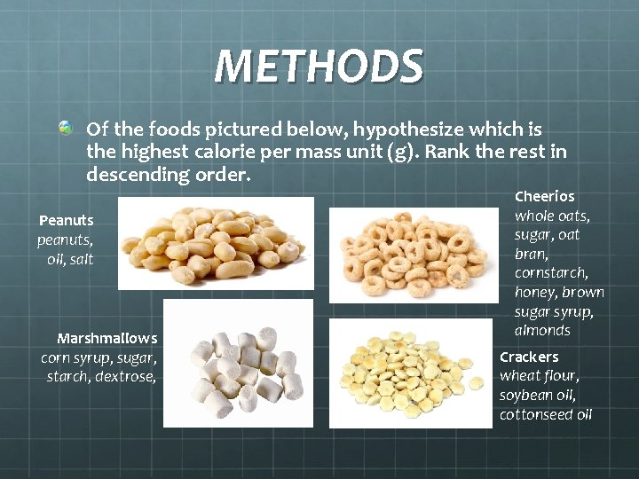 METHODS Of the foods pictured below, hypothesize which is the highest calorie per mass