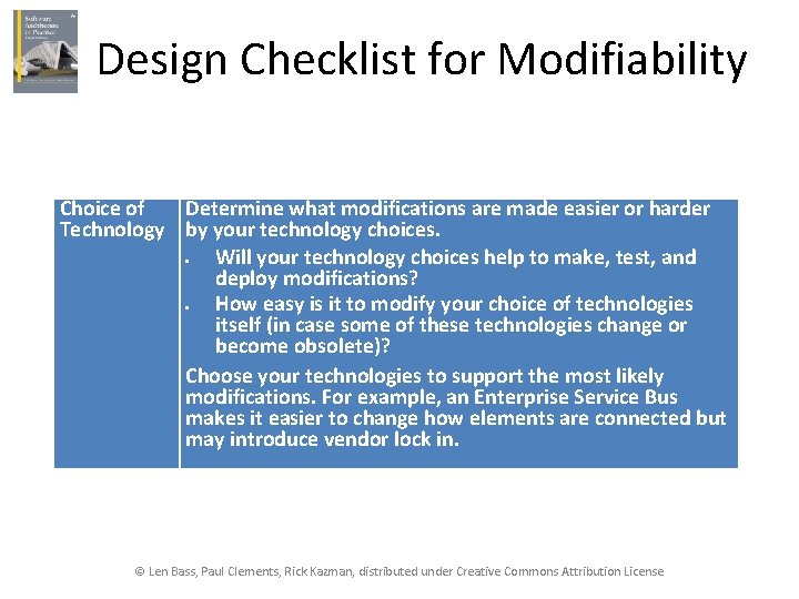 Design Checklist for Modifiability Choice of Determine what modifications are made easier or harder