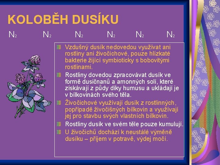 KOLOBĚH DUSÍKU N 2 N 2 N 2 Vzdušný dusík nedovedou využívat ani rostliny