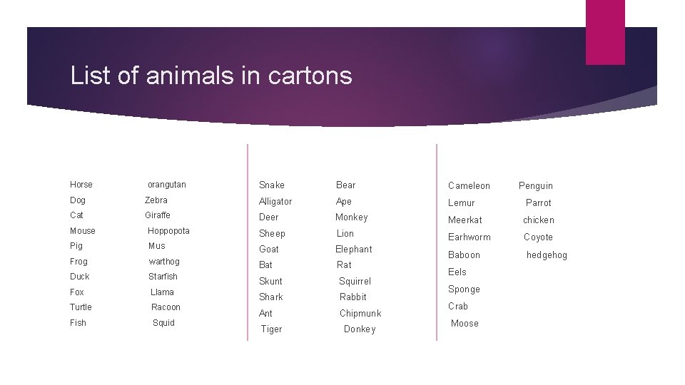 List of animals in cartons Horse orangutan Snake Bear Cameleon Dog Zebra Alligator Ape