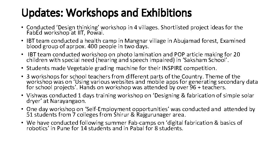 Updates: Workshops and Exhibitions • Conducted ‘Design thinking’ workshop in 4 villages. Shortlisted project