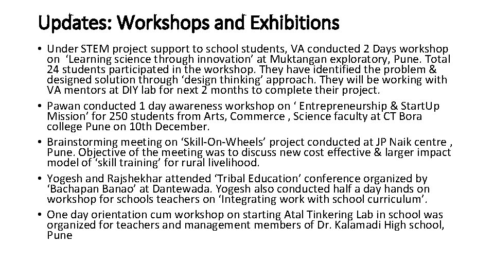 Updates: Workshops and Exhibitions • Under STEM project support to school students, VA conducted