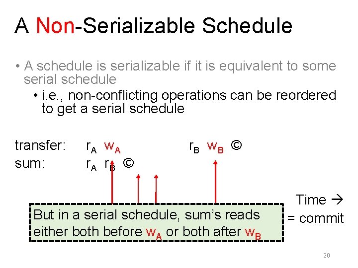 A Non-Serializable Schedule • A schedule is serializable if it is equivalent to some