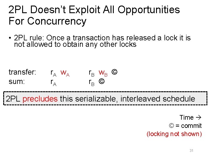 2 PL Doesn’t Exploit All Opportunities For Concurrency • 2 PL rule: Once a