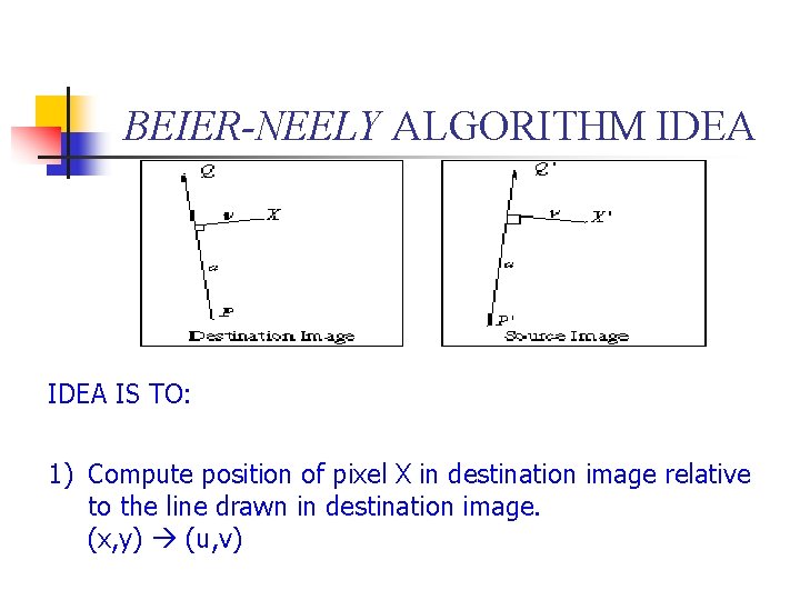 BEIER-NEELY ALGORITHM IDEA IS TO: 1) Compute position of pixel X in destination image