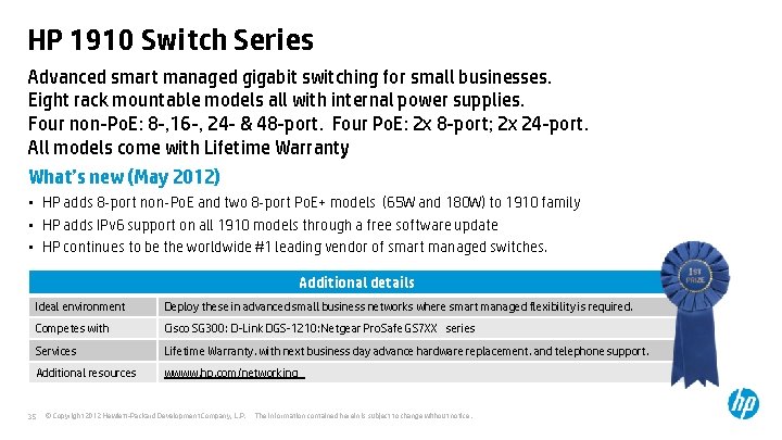 HP 1910 Switch Series Advanced smart managed gigabit switching for small businesses. Eight rack
