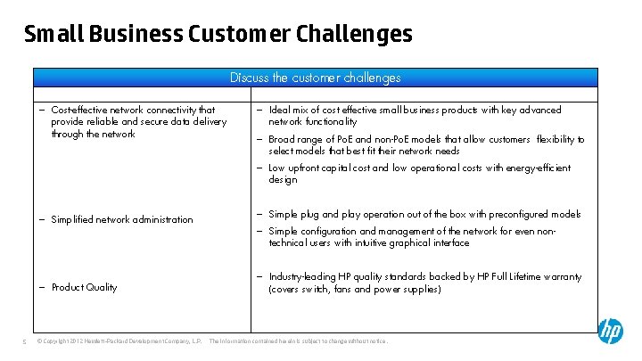 Small Business Customer Challenges Discuss the customer challenges Challenges HP 1910 Switch Series Solution