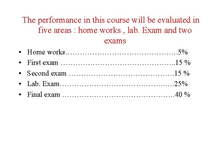 The performance in this course will be evaluated in five areas : home works