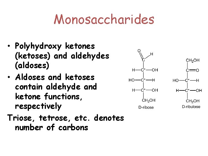 Monosaccharides • Polyhydroxy ketones (ketoses) and aldehydes (aldoses) • Aldoses and ketoses contain aldehyde