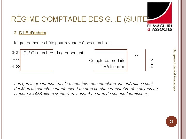 RÉGIME COMPTABLE DES G. I. E (SUITE) 2. G. I. E d’achats: le groupement