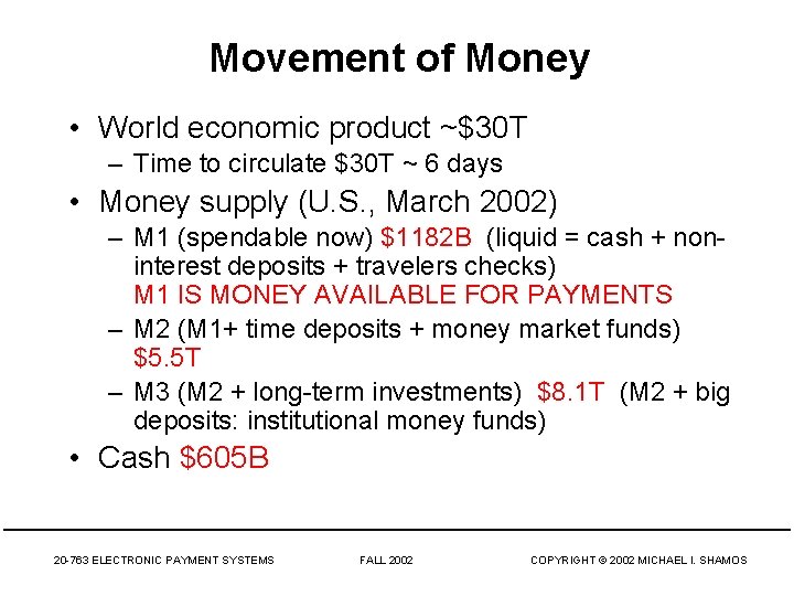 Movement of Money • World economic product ~$30 T – Time to circulate $30