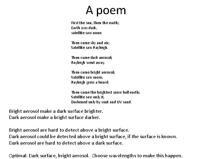 A poem First the sun, then the earth; Earth was dark, satellite saw none.