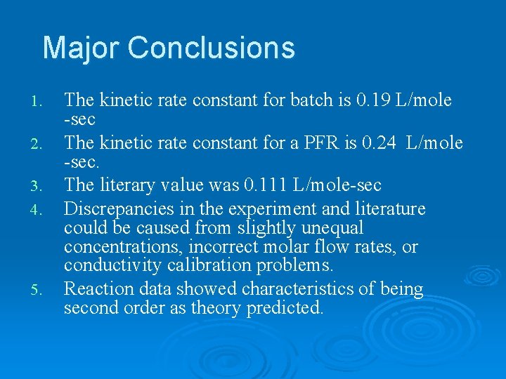 Major Conclusions 1. 2. 3. 4. 5. The kinetic rate constant for batch is