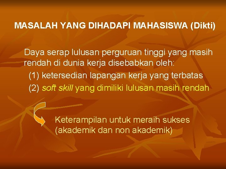 MASALAH YANG DIHADAPI MAHASISWA (Dikti) Daya serap lulusan perguruan tinggi yang masih rendah di